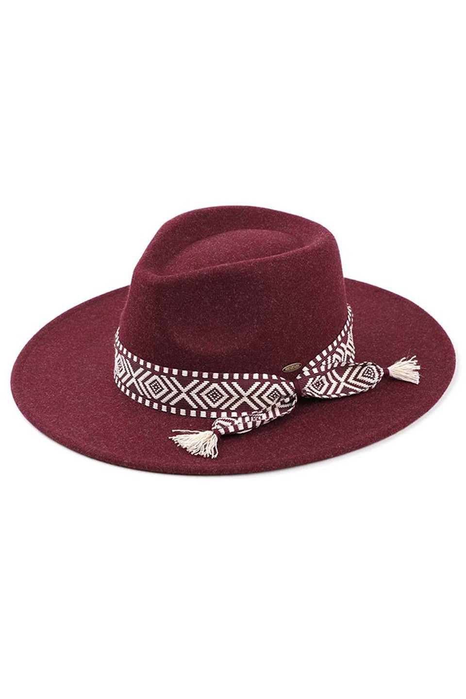 Wine C.C Aztec Trim Vegan Felt Panama Hat is a must-have accessory for any fashion-forward individual. Made with 100% vegan felt, this hat is not only stylish but also eco-friendly. The Aztec trim adds a unique touch, making it a statement piece for any outfit. Stay on-trend and feel good about your fashion choices with this panama hat.