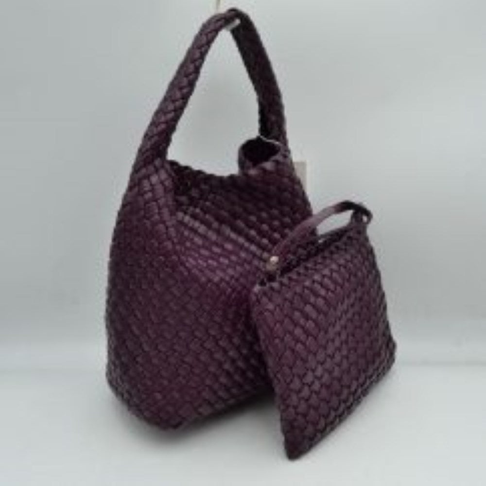 Wine This stylish everyday hobo bag features an all-over classic basket weave design and a slouchy silhouette. It is crafted with a seamless, integrated wide top handle that transitions directly into the main storage compartment for comfortable hand or shoulder carrying.