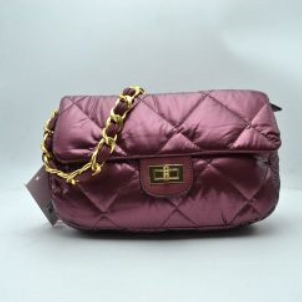 Wine This chic shoulder bag combines a soft, padded puffer texture with a classic quilted diamond pattern in a striking metallic plum hue, making it a stylish choice for everyday flair. The front envelope flap is secured by a polished gold-tone turn-lock clasp on a smooth accent patch, keeping your inner essentials safe and organized. It features a matching fabric-interwoven gold chain strap for an elegant, comfortable carry over the shoulder or as a clutch.