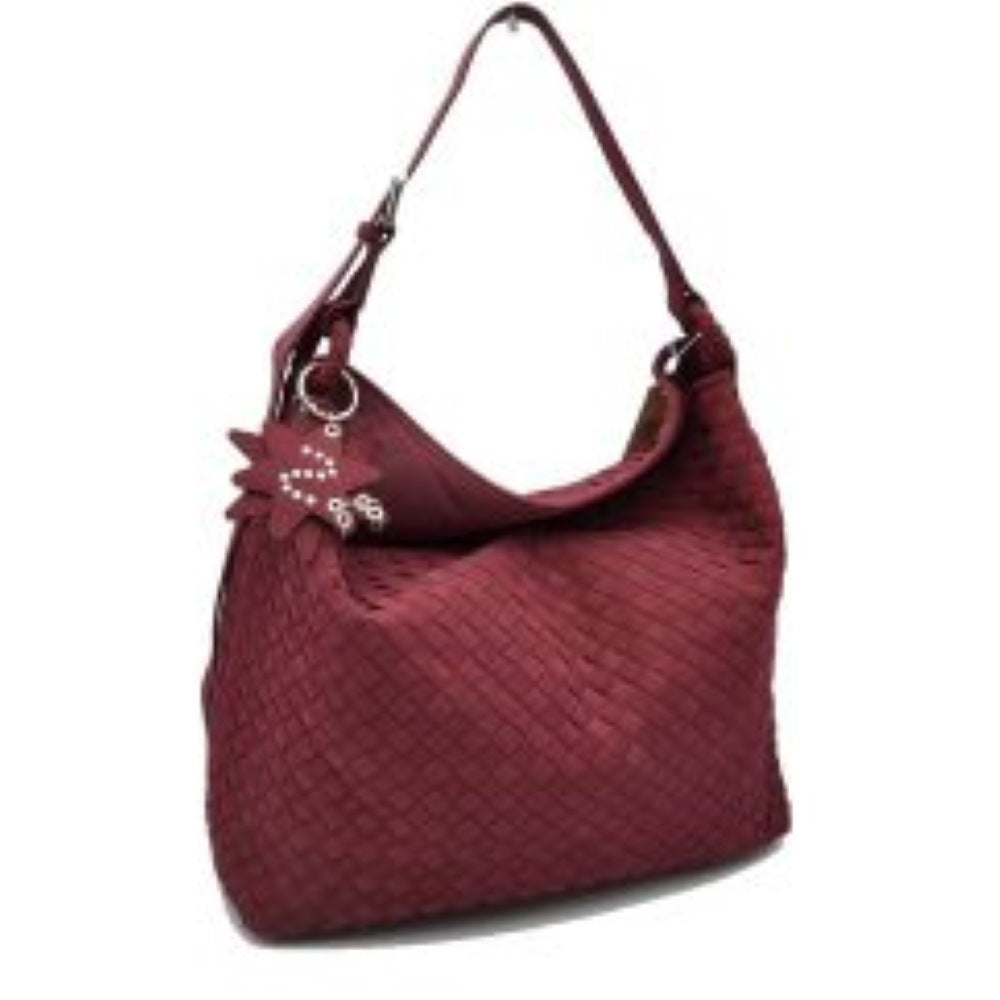Wine This slouchy hobo bag features a distinctive woven pattern across its exterior, offering a textured and modern look for everyday use. Designed with a spacious main compartment to easily accommodate daily essentials, the bag includes an adjustable flat shoulder strap secured with a metallic buckle for customizable carrying comfort. A decorative star-shaped charm is attached to the side via metallic hardware, adding a unique accent to the overall clean design.