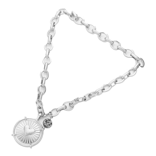 Silver Heart Accented Metal Round Natural Stone Pendant Necklace beautifully crafted design adds a gorgeous glow to any outfit. Perfect Birthday Gift, Valentine's Day Gift, Anniversary Gift, Mother's Day Gift, Regalo Cumpleanos, Regalo Dia del Amor, Regalo Dia de las Madres, Graduation Gift, Thank you Gift, Prom Jewelry, Grad
