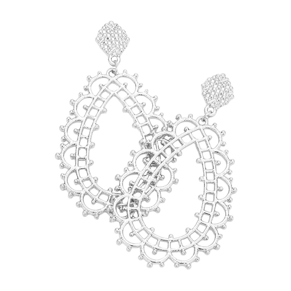 Cut Out Detailed Metal Teardrop Dangle Earrings - Worn Silver - Earrings
