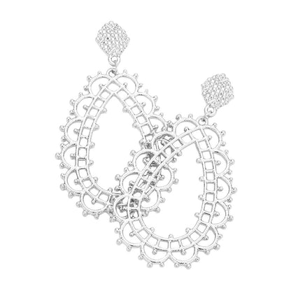 Cut Out Detailed Metal Teardrop Dangle Earrings - Worn Silver - Earrings