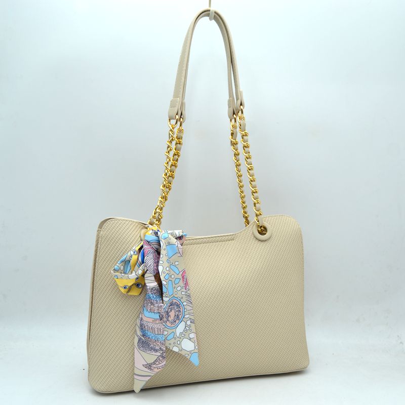 Elegant Textured Tote Bag with Chain Accent and Printed Scarf - Beige - Tote Bag