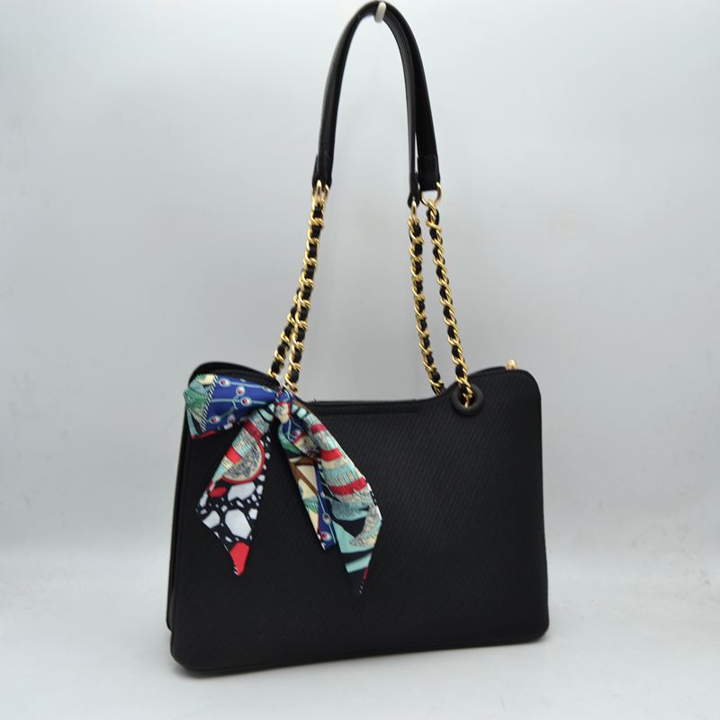 Elegant Textured Tote Bag with Chain Accent and Printed Scarf - Black - Tote Bag