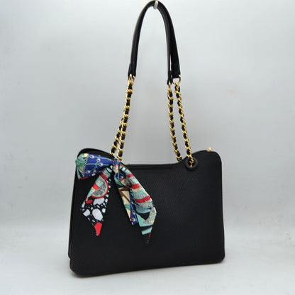 Elegant Textured Tote Bag with Chain Accent and Printed Scarf - Black - Tote Bag