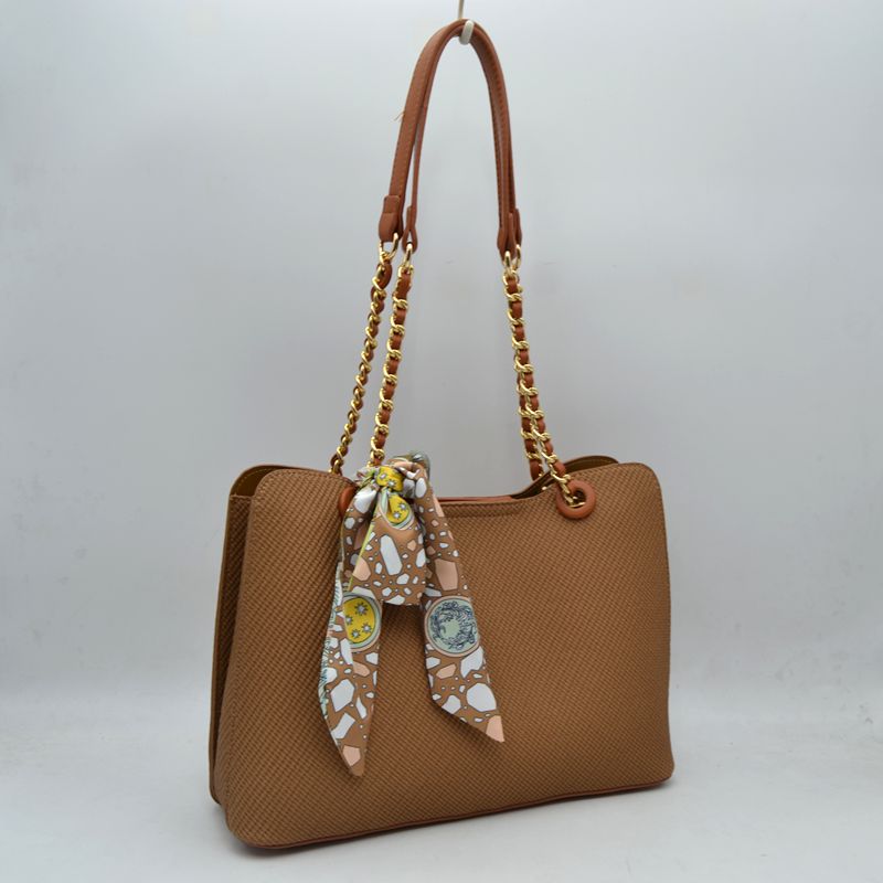 Elegant Textured Tote Bag with Chain Accent and Printed Scarf - Brown - Tote Bag