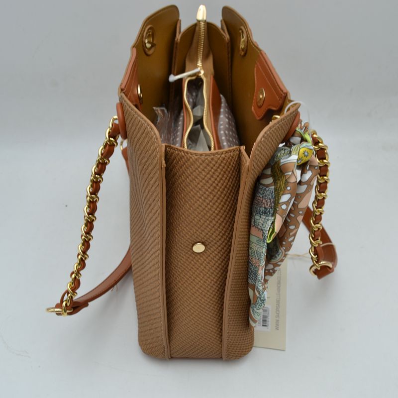 Elegant Textured Tote Bag with Chain Accent and Printed Scarf - Tote Bag