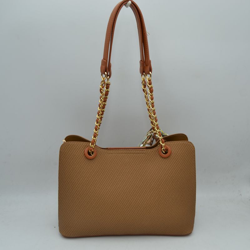 Elegant Textured Tote Bag with Chain Accent and Printed Scarf - Tote Bag