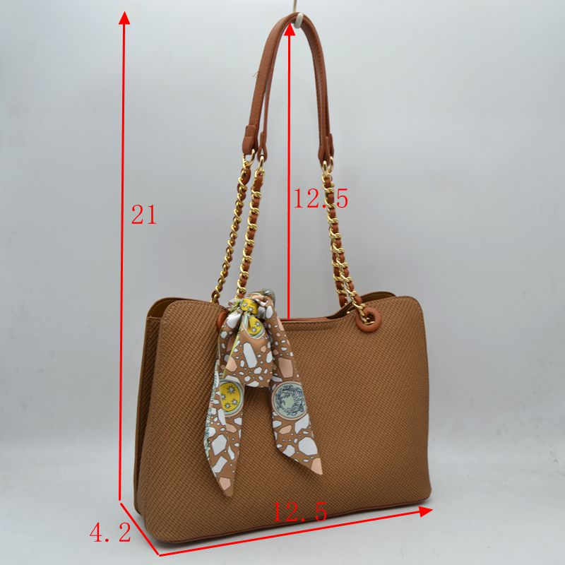 Elegant Textured Tote Bag with Chain Accent and Printed Scarf - Tote Bag