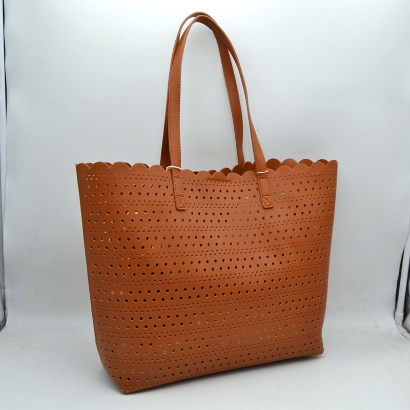 Laser-Cut Perforated Tote Bag with Scalloped Top Edge and Integrated Shoulder Straps - Brown - Tote Bag