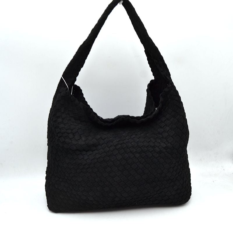 Woven Intrecciato Hobo Bag with Integrated Shoulder Strap - Black - Hobo Bags