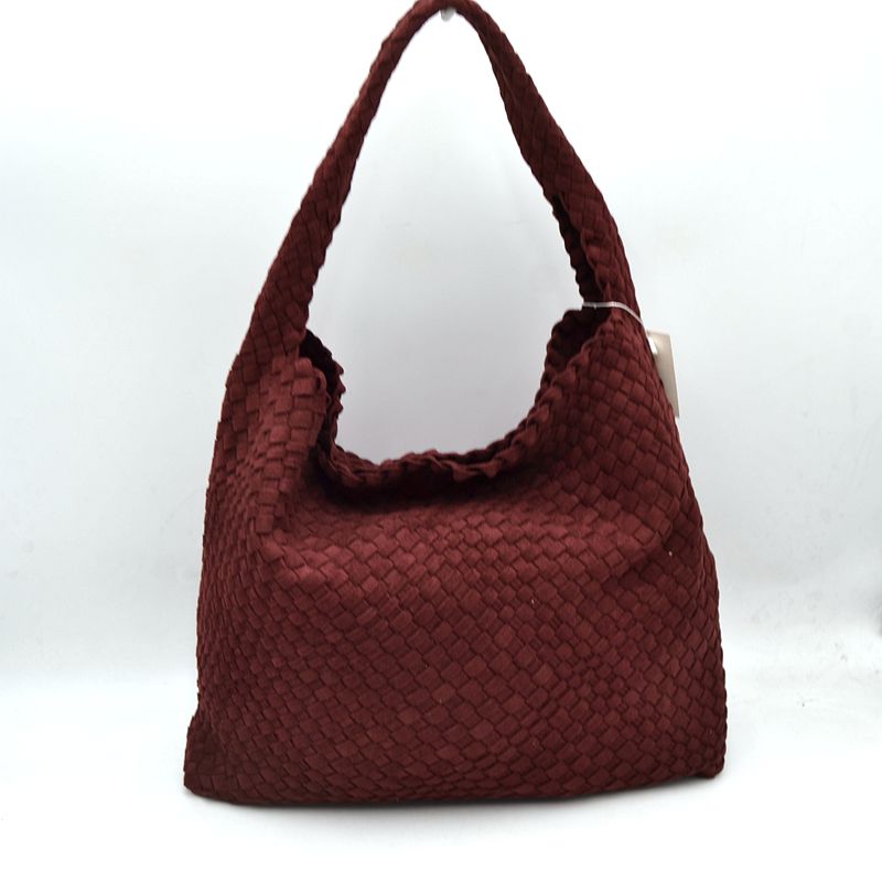 Woven Intrecciato Hobo Bag with Integrated Shoulder Strap - Wine - Hobo Bags