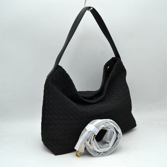 Woven Hobo Shoulder Bag with Detachable Strap - Black - Shoulder Bag