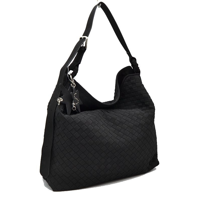 Woven Hobo Shoulder Bag with Adjustable Strap and Star Charm - Black - Shoulder Bag