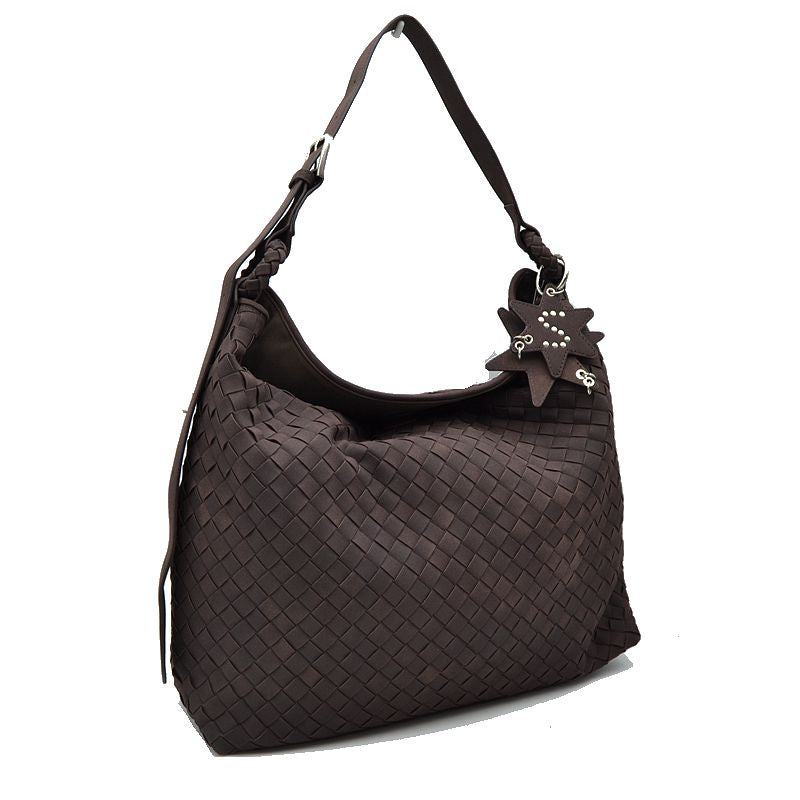 Woven Hobo Shoulder Bag with Adjustable Strap and Star Charm - Coffee - Shoulder Bag