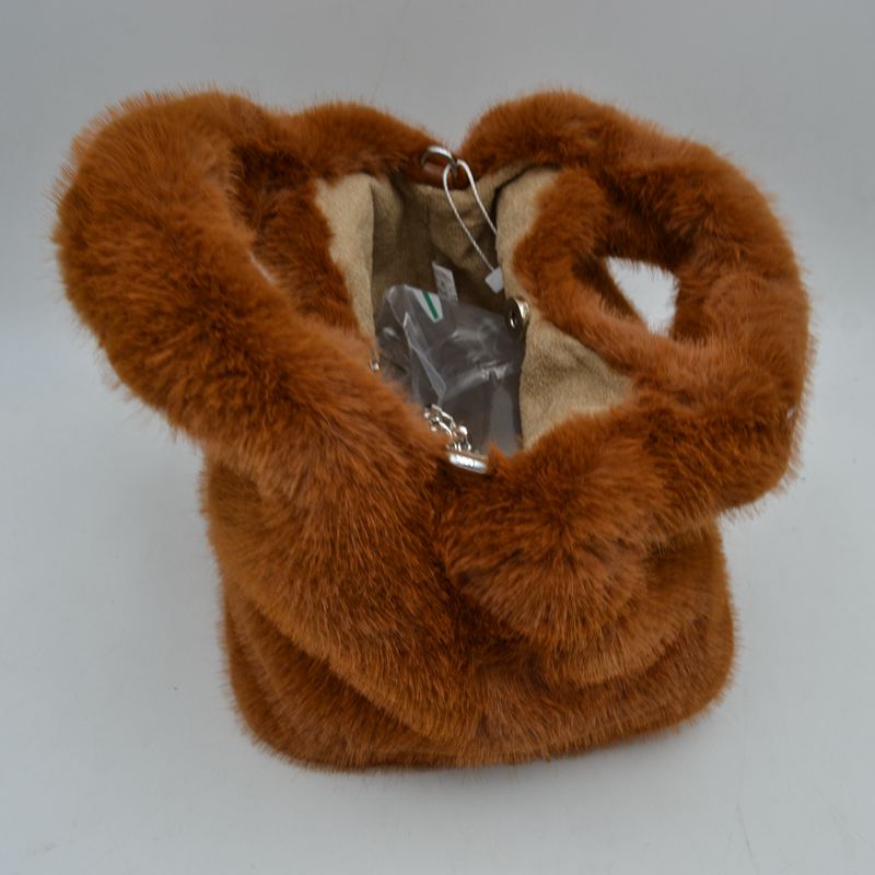 Fluffy Plush Handbag with Integrated Top Handle and Metallic Chain Strap - Hand Bag