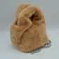 Fluffy Plush Handbag with Integrated Top Handle and Metallic Chain Strap - Tan - Hand Bag