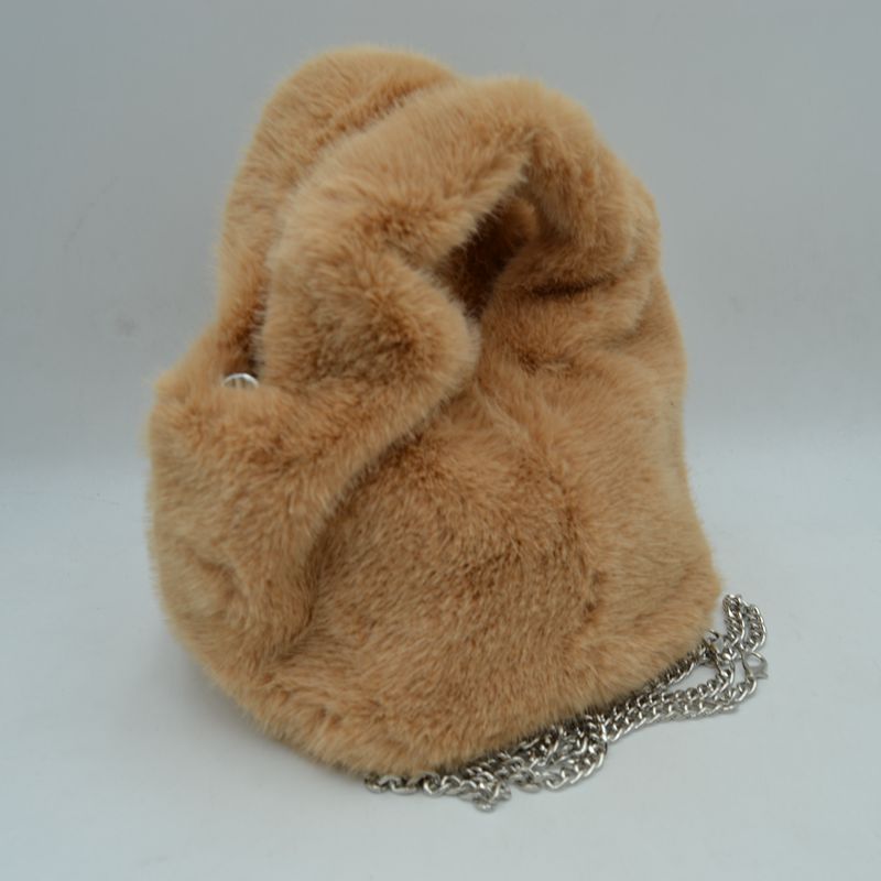 Fluffy Plush Handbag with Integrated Top Handle and Metallic Chain Strap - Tan - Hand Bag