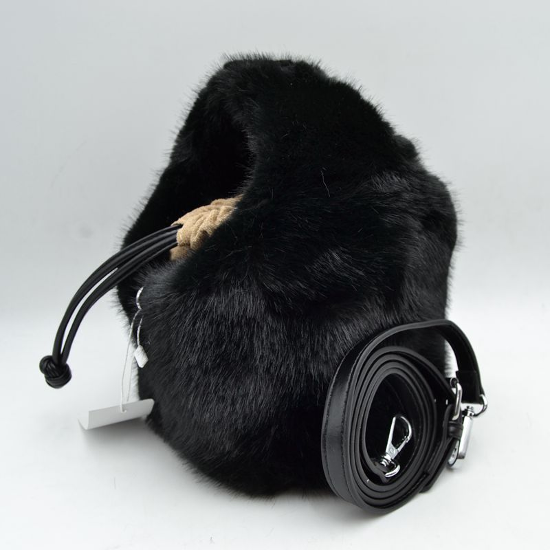 Plush Faux Fur Bucket Handbag with Drawstring and Removable Strap - Black - Bucket Bag