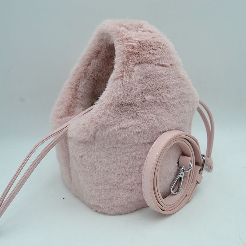 Plush Faux Fur Bucket Handbag with Drawstring and Removable Strap - Blush - Bucket Bag