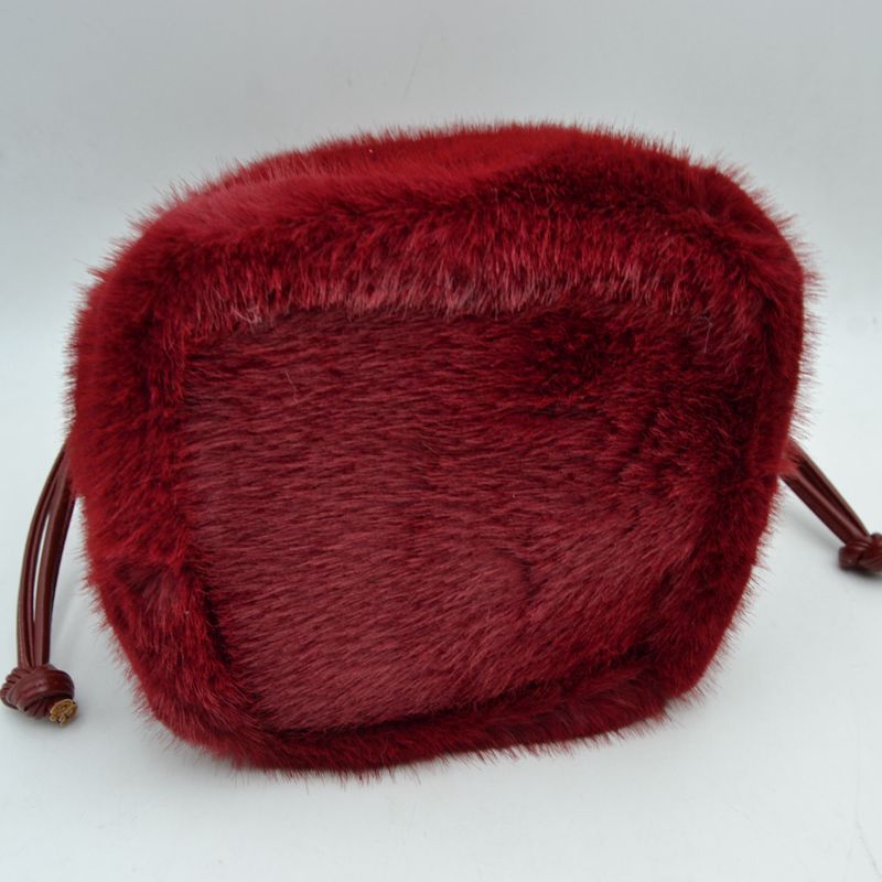Plush Faux Fur Bucket Handbag with Drawstring and Removable Strap - Bucket Bag