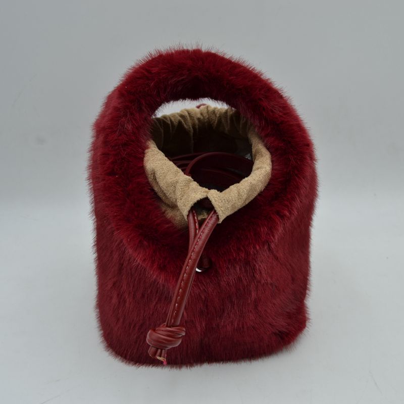 Plush Faux Fur Bucket Handbag with Drawstring and Removable Strap - Bucket Bag