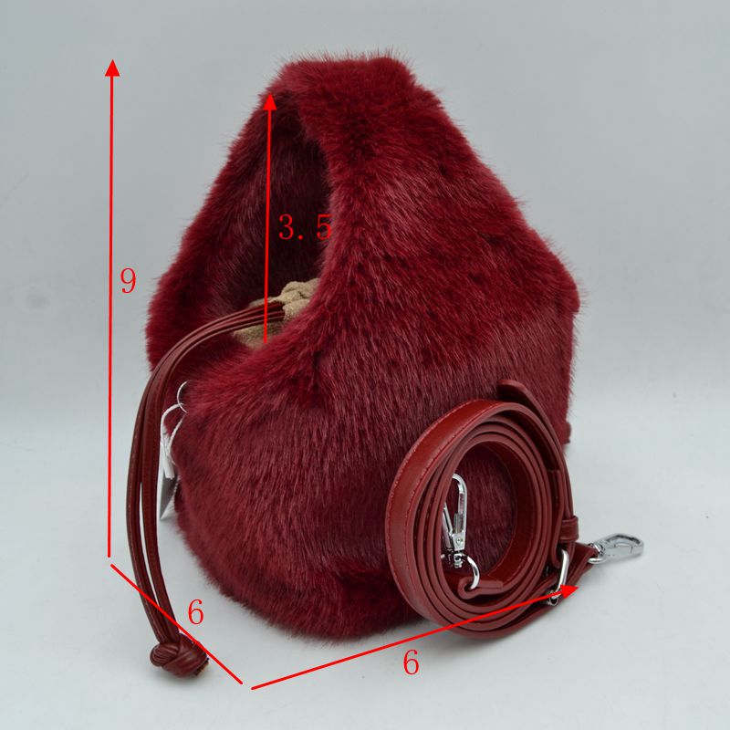 Plush Faux Fur Bucket Handbag with Drawstring and Removable Strap - Bucket Bag