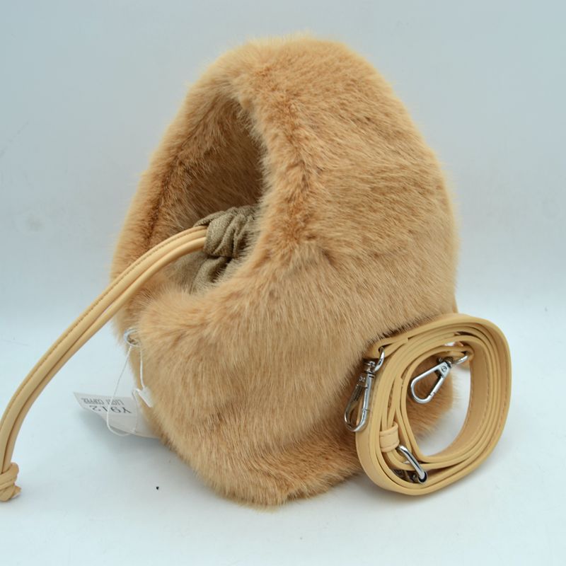 Plush Faux Fur Bucket Handbag with Drawstring and Removable Strap - Tan - Bucket Bag