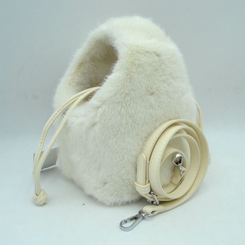 Plush Faux Fur Bucket Handbag with Drawstring and Removable Strap - Clear White - Bucket Bag