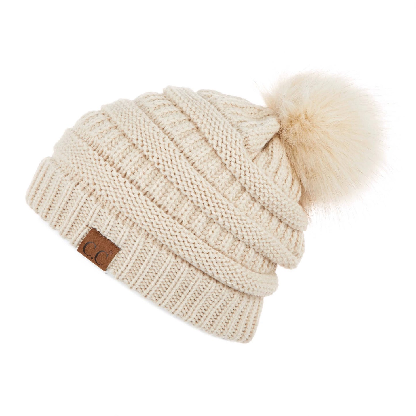 C.C Solid Ribbed Hat With Matching Faux Fur Pom
