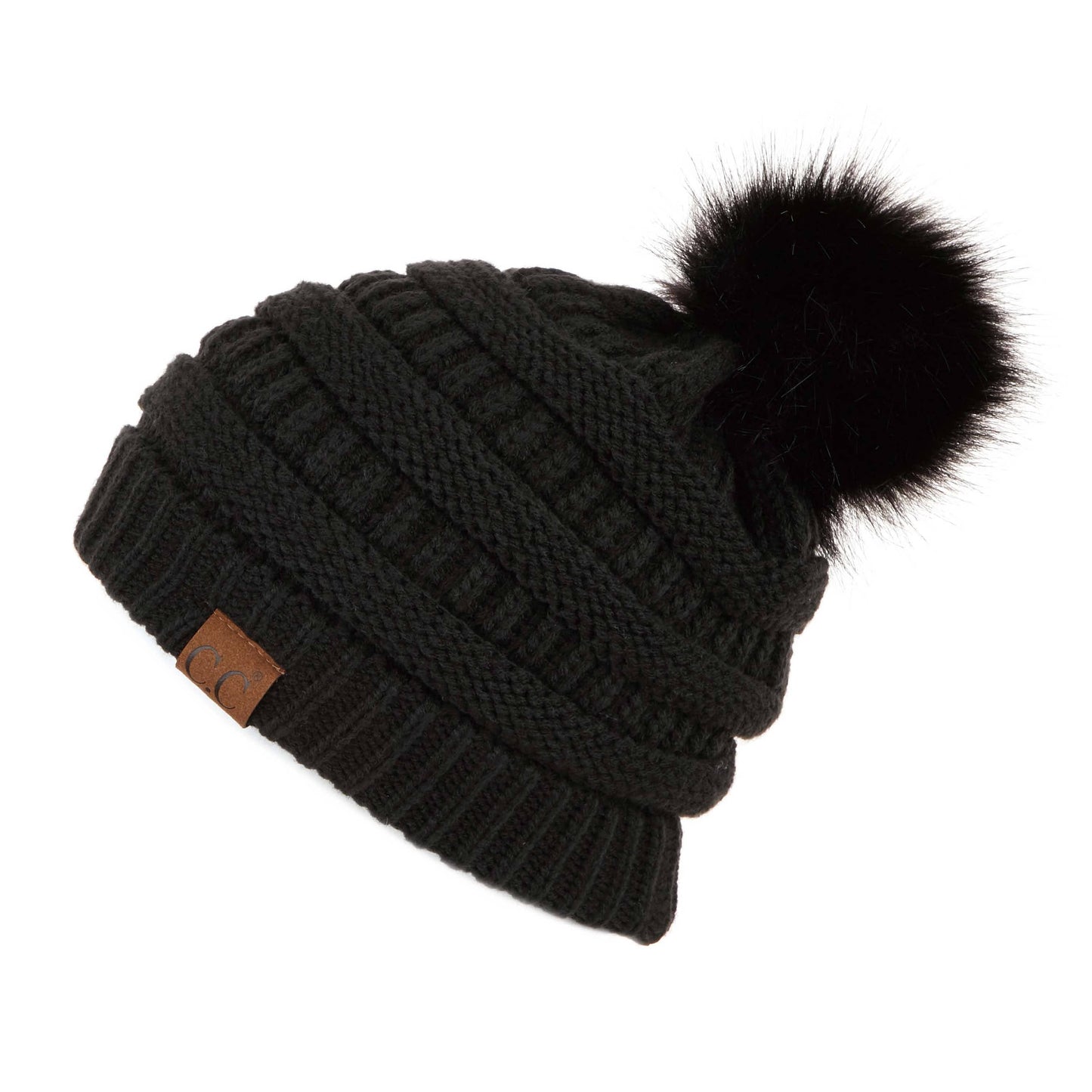 C.C Solid Ribbed Hat With Matching Faux Fur Pom