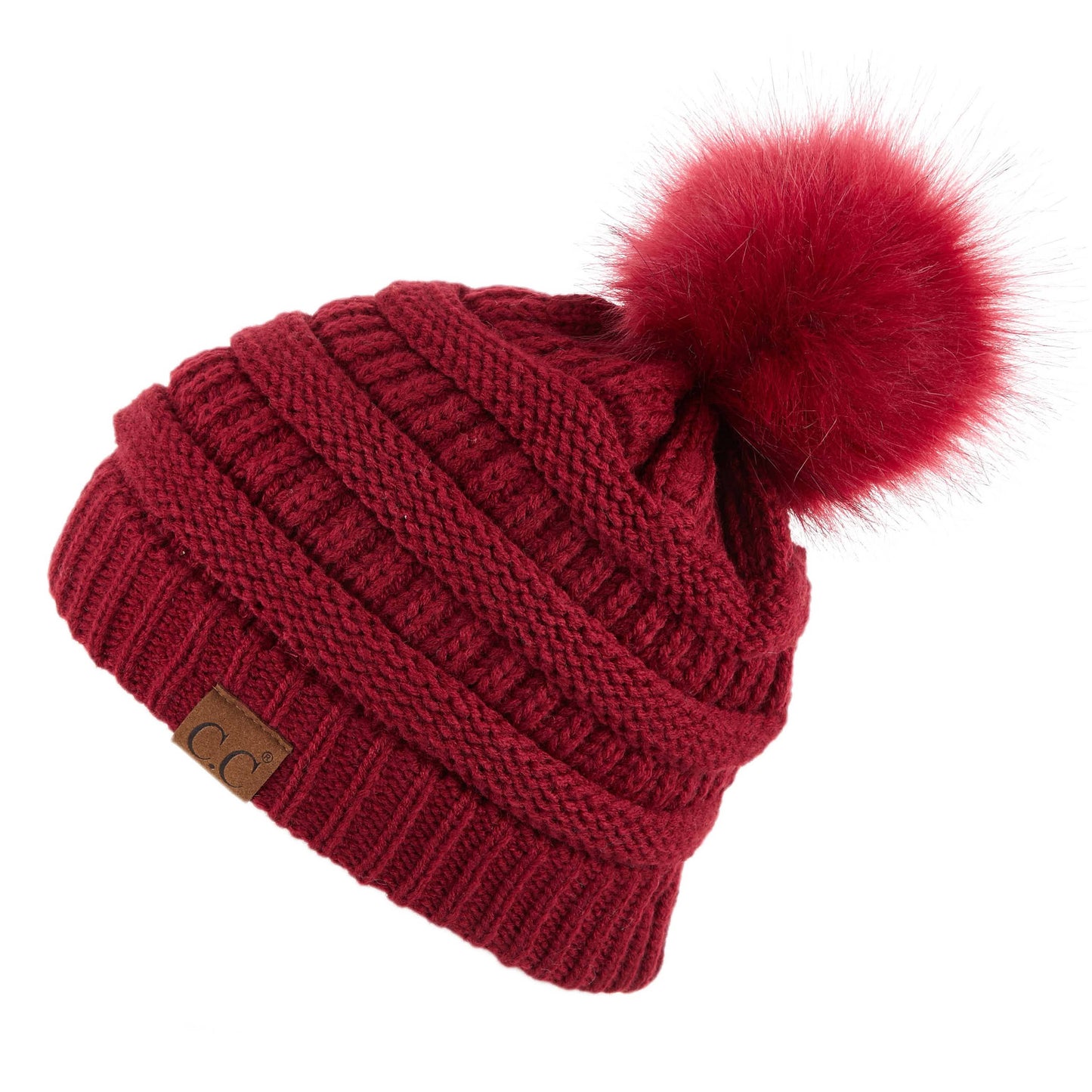 C.C Solid Ribbed Hat With Matching Faux Fur Pom