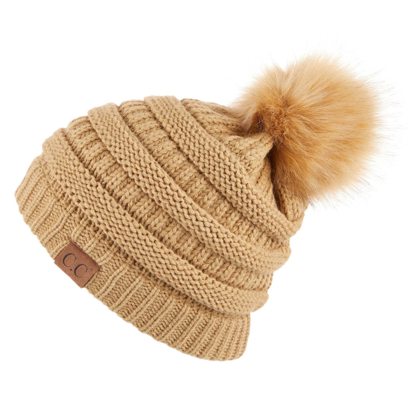 C.C Solid Ribbed Hat With Matching Faux Fur Pom