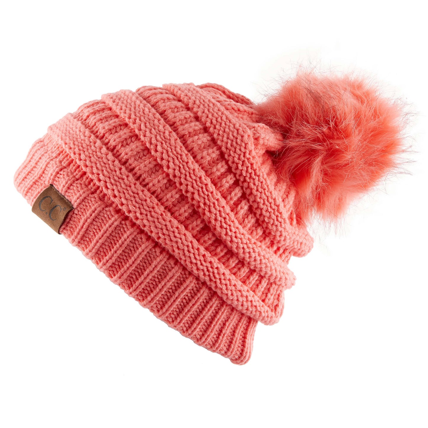 C.C Solid Ribbed Hat With Matching Faux Fur Pom