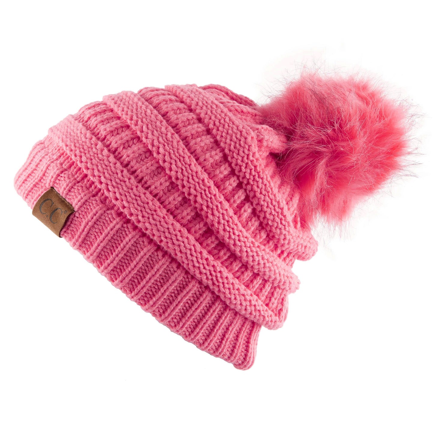 C.C Solid Ribbed Hat With Matching Faux Fur Pom