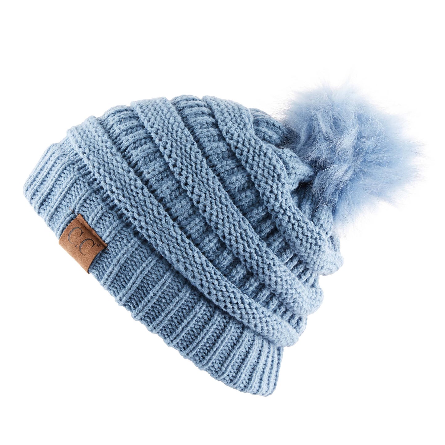 C.C Solid Ribbed Hat With Matching Faux Fur Pom