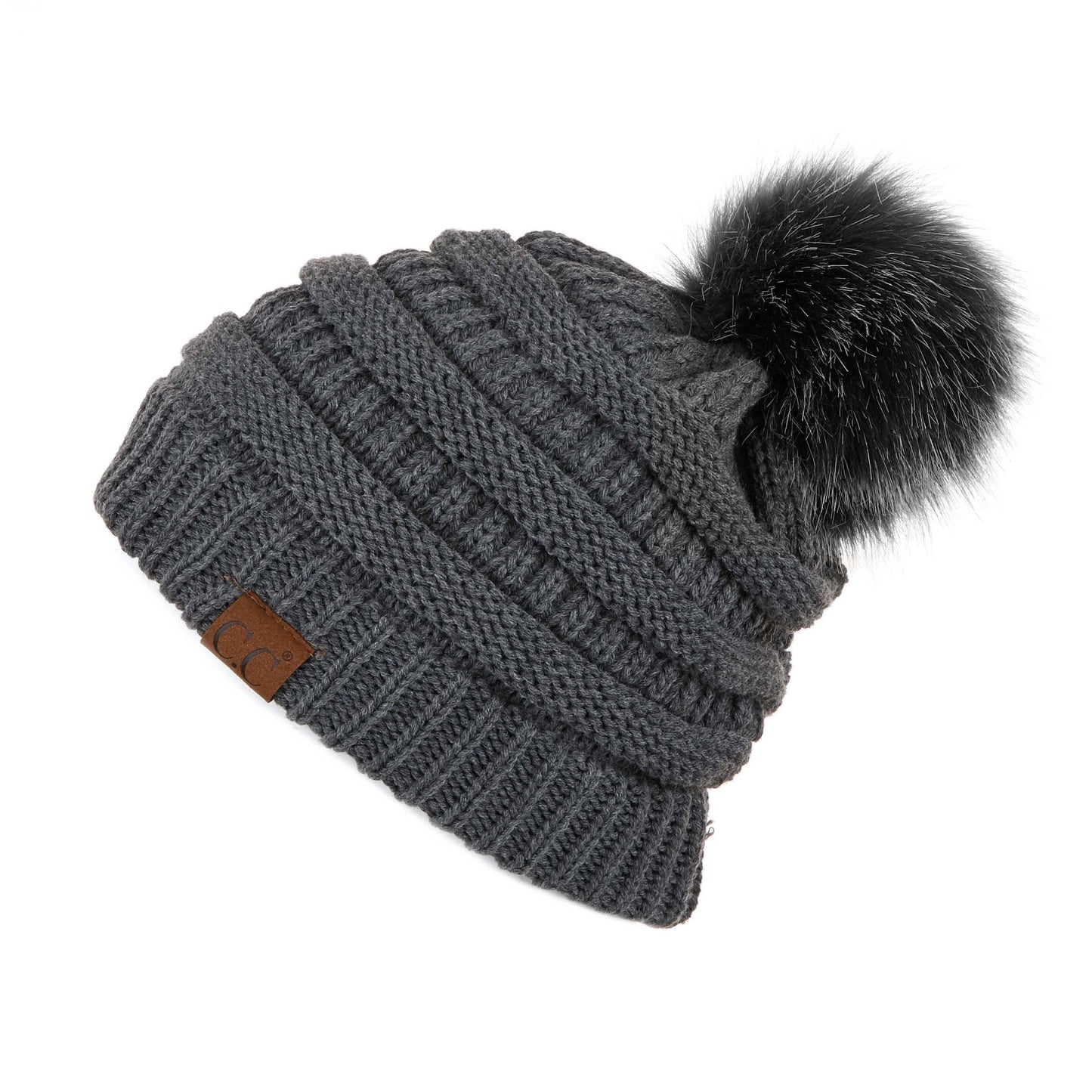 C.C Solid Ribbed Hat With Matching Faux Fur Pom