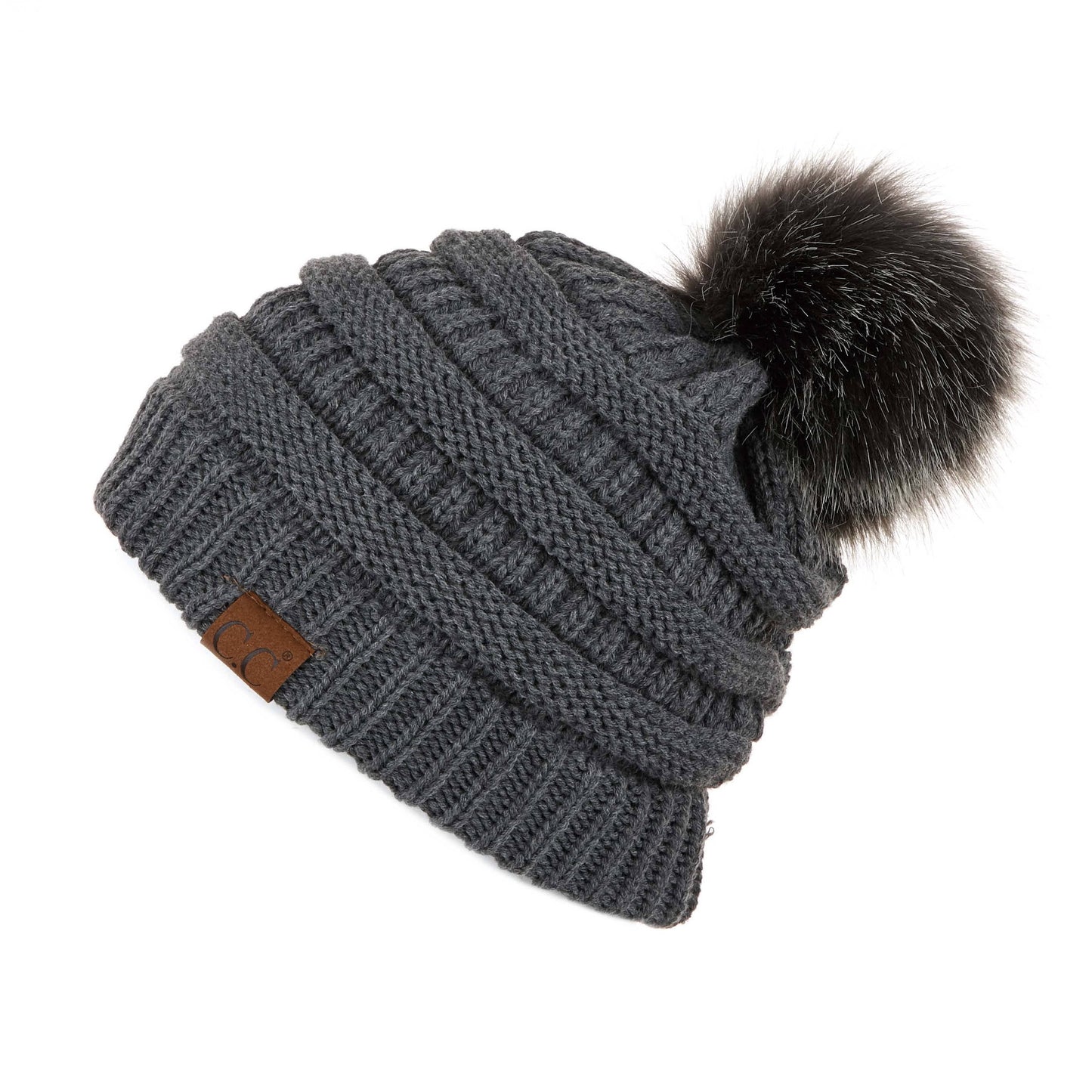 C.C Solid Ribbed Hat With Matching Faux Fur Pom