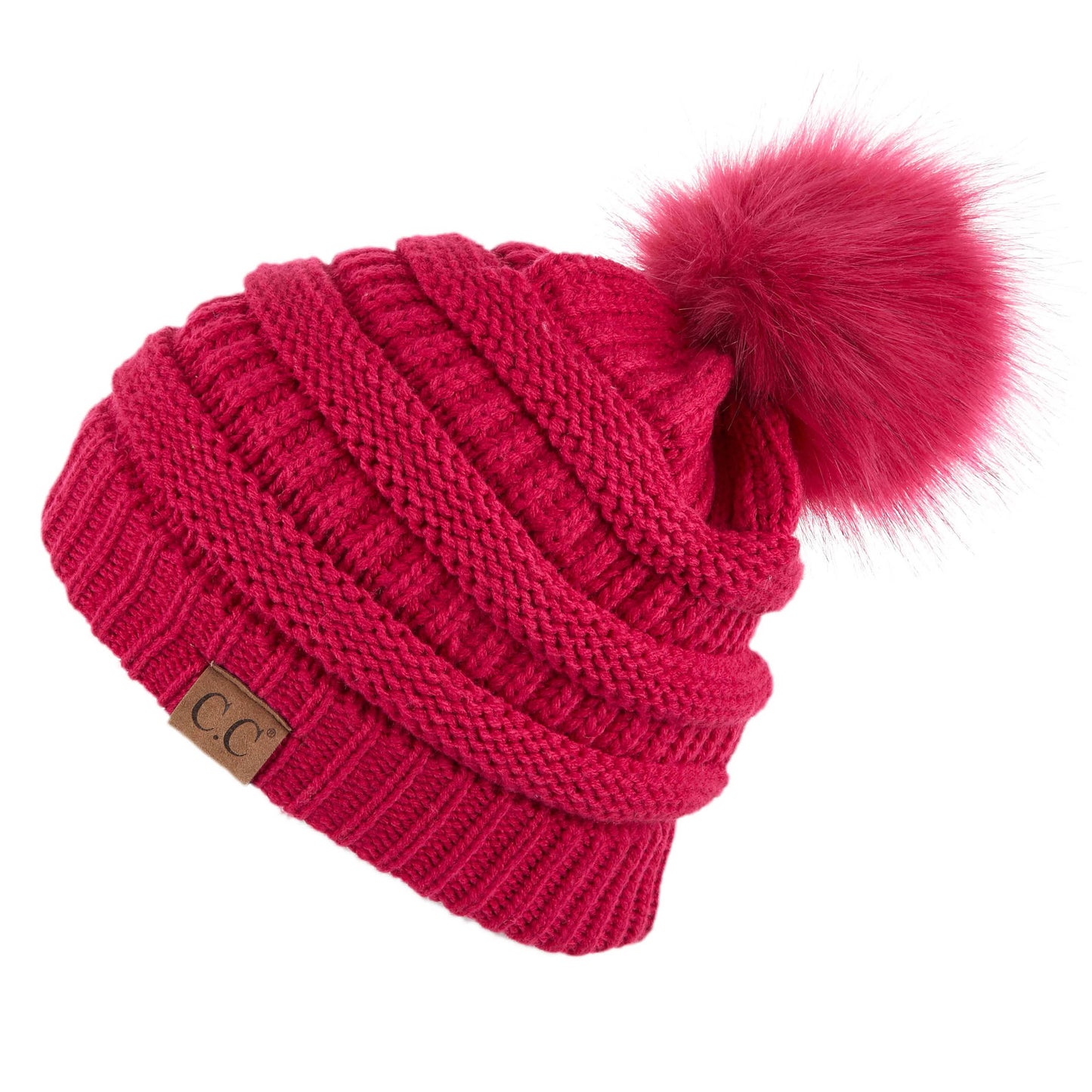 C.C Solid Ribbed Hat With Matching Faux Fur Pom