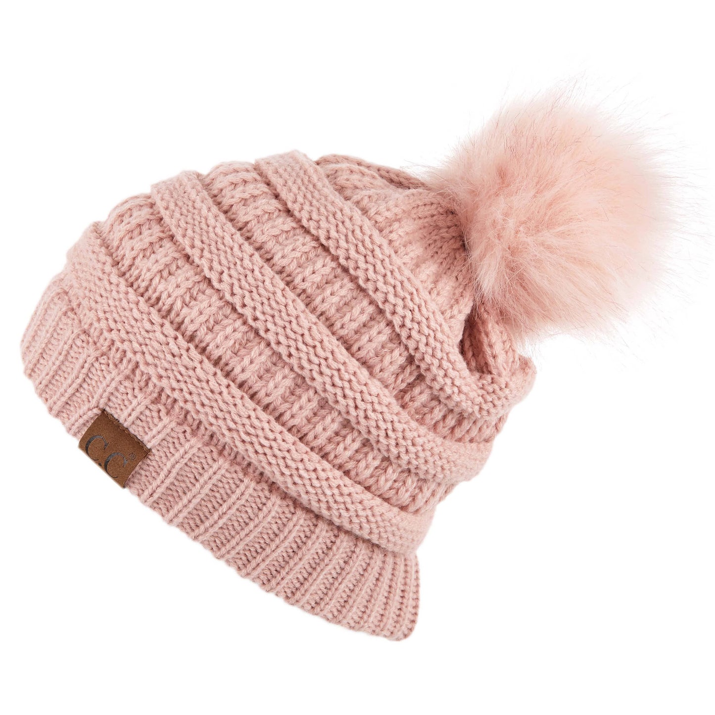 C.C Solid Ribbed Hat With Matching Faux Fur Pom