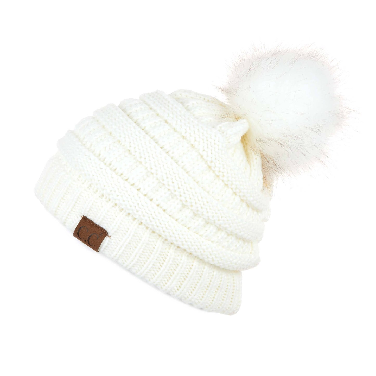 C.C Solid Ribbed Hat With Matching Faux Fur Pom