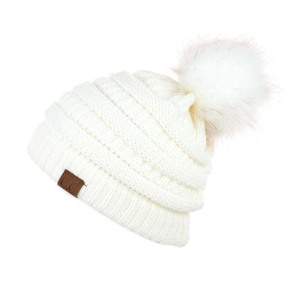 C.C Solid Ribbed Hat With Matching Faux Fur Pom - Ivory - Hats