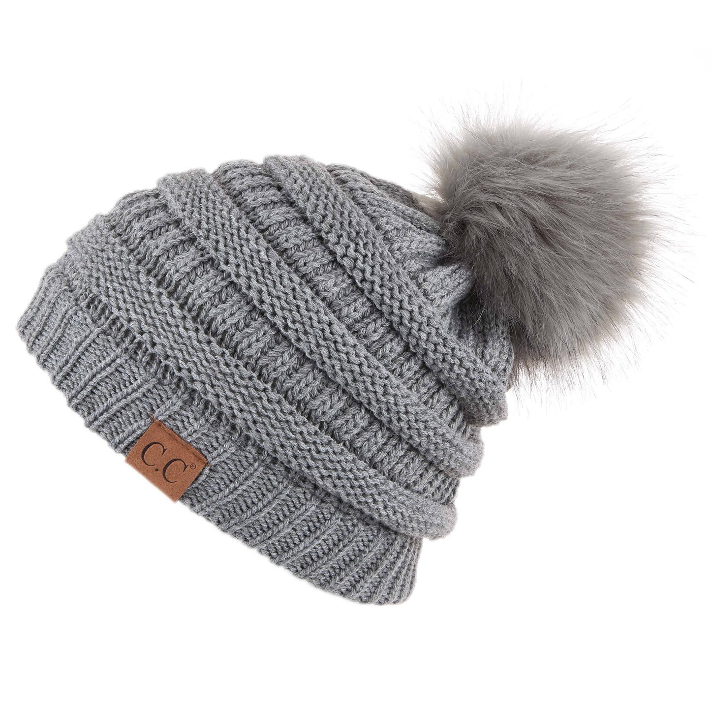 C.C Solid Ribbed Hat With Matching Faux Fur Pom
