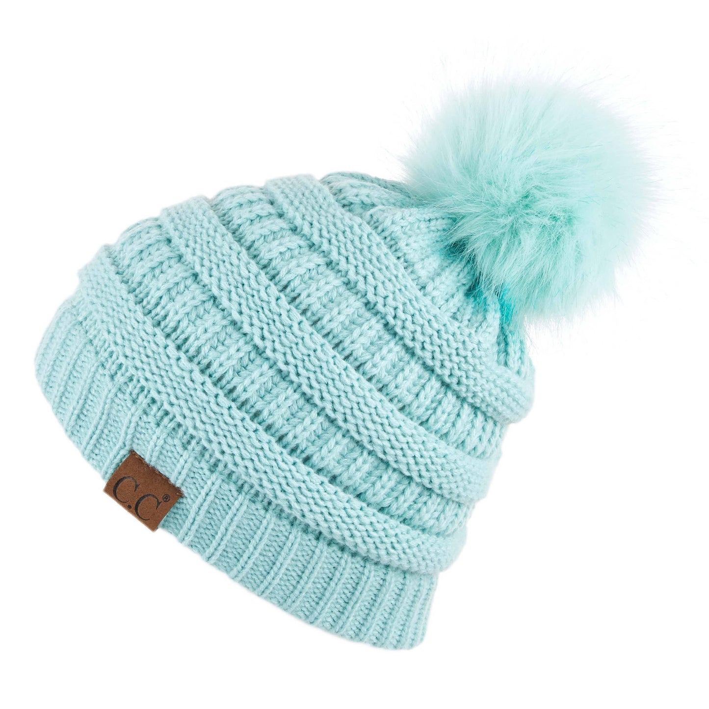 C.C Solid Ribbed Hat With Matching Faux Fur Pom