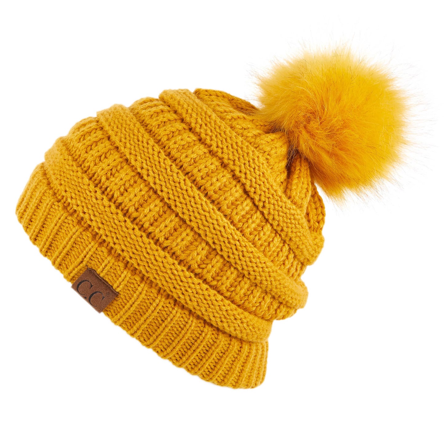C.C Solid Ribbed Hat With Matching Faux Fur Pom