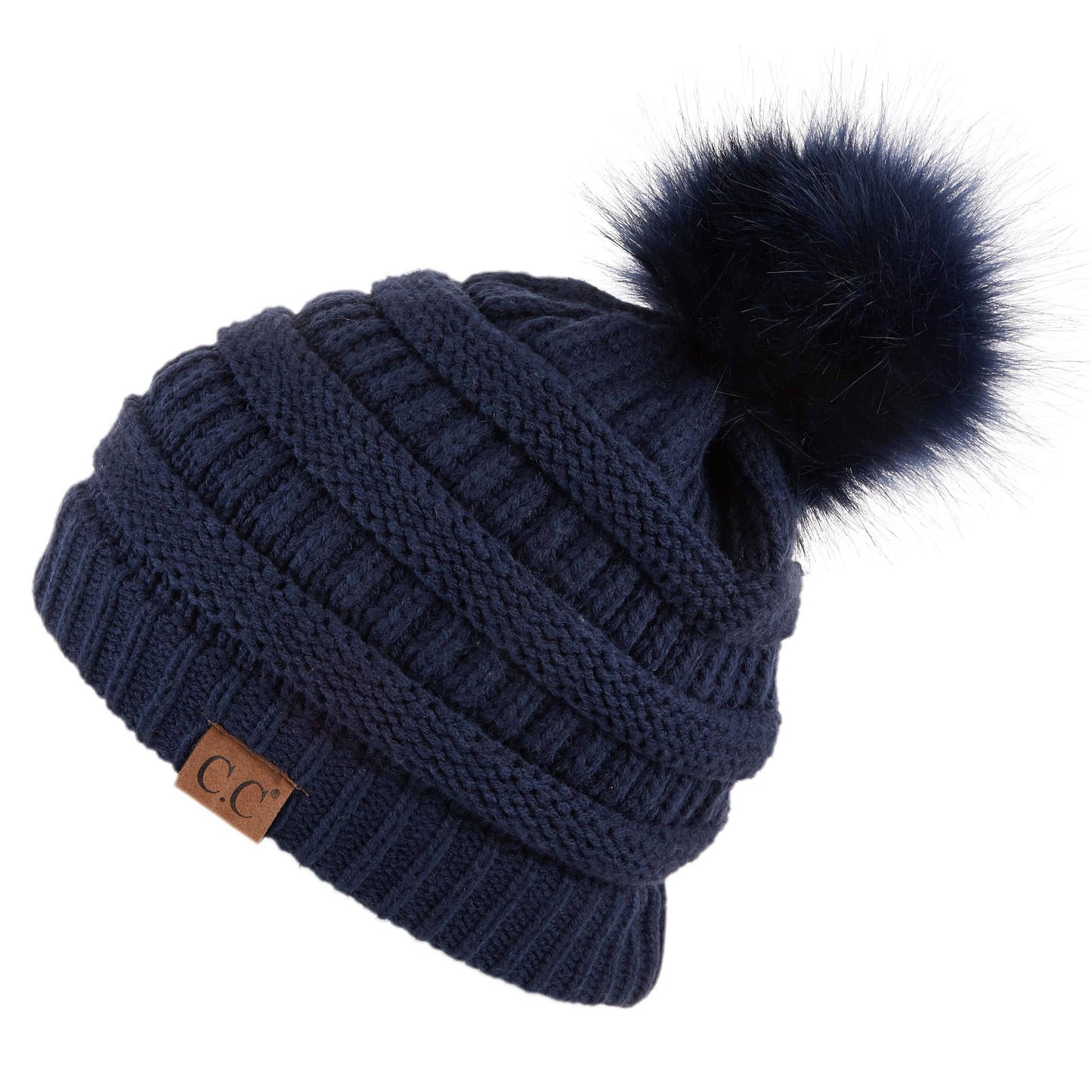 C.C Solid Ribbed Hat With Matching Faux Fur Pom