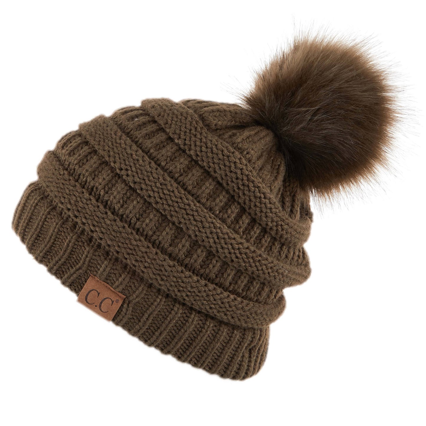 C.C Solid Ribbed Hat With Matching Faux Fur Pom