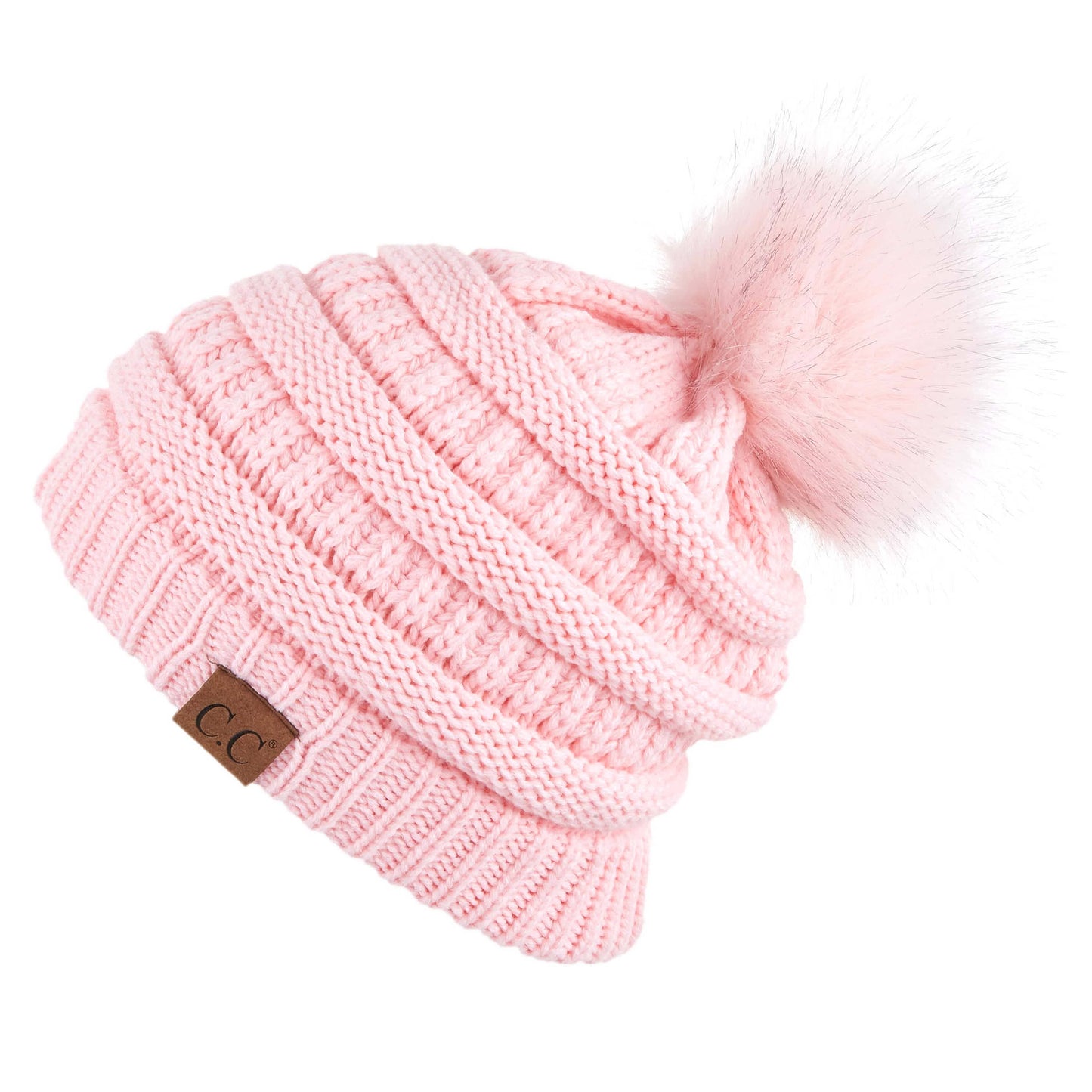 C.C Solid Ribbed Hat With Matching Faux Fur Pom
