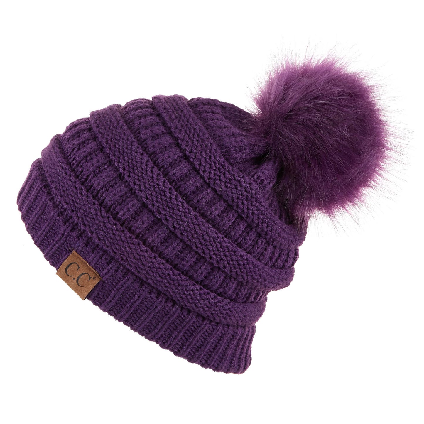 C.C Solid Ribbed Hat With Matching Faux Fur Pom